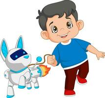 young boy playing with cyber dog using jetpack vector