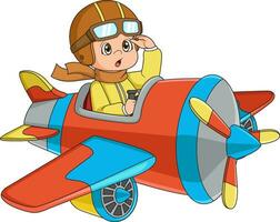 Cartoon little boy operating a plane vector