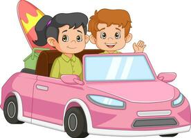 Young man and woman having fun driving their car on a road trip vector