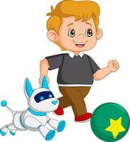 young boy playing a big ball with his cyber dog vector