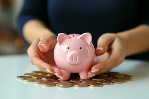 ai generado mujer de negocios economiza por poniendo un moneda dentro el cerdito banco foto