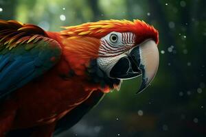 AI generated Macaws brilliance a vibrant portrait against the lush forest backdrop photo