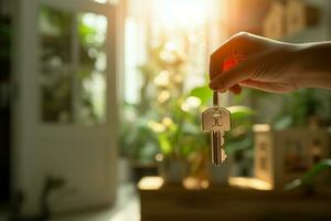 AI generated Moving day Woman holds the key to her new apartment photo