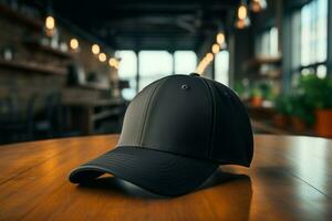 AI generated Classic baseball cap in black sits elegantly on the table, adding a stylish touch photo