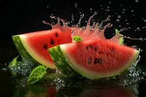 AI generated Summer delight watermelons juicy goodness enhanced by refreshing water splash photo