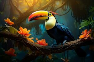AI generated Tropical charm toucans portrait with vibrant hues amidst the forest photo