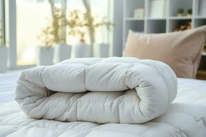 ai generado elegante dormitorio decoración blanco almohada y frazada, lujoso abajo edredón foto