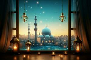 ai generado ventana concepto mezclas con eid Alabama fitr encanto linterna, mezquita foto