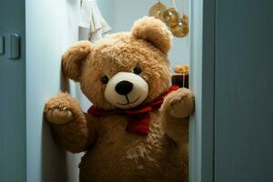 AI generated Party prankster Sneaky teddy bear surprises, congratulates, brings childhood joy photo