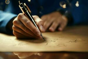 AI generated Fountain pen magic close up of a womans hand writing gracefully photo