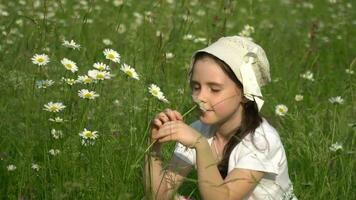 weinig meisje ruiken bloemen in de veld- video