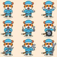 Mascot cartoon of cute Tiger wearing mechanic uniform and cap. Cute Tiger illustration. Character animal. Mechanic cartoon set. Vector illustration in isolated background.