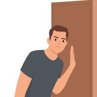 Embarrassed man leaned against door wanting to eavesdrop on someone else secret or hear conversations of people behind wall. Thoughtful guy in t-shirt spying on neighbors. vector