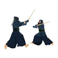 Two young energetic men exercise sparring fight kendo with wooden sword. Combative fight sport concept. vector