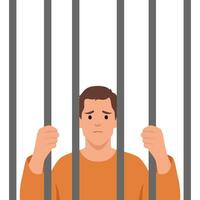Prisoner in orange suit behind bars of a prison cell. vector