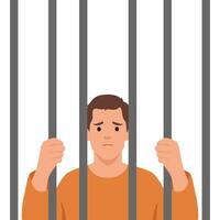 Prisoner in orange suit behind bars of a prison cell. vector