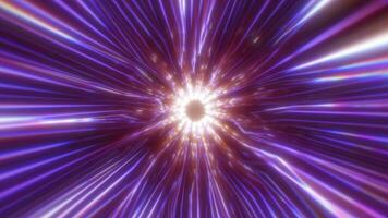 Beautiful abstract purple tunnel made of futuristic digital stripes and lines glowing with bright magic energy on a black space background. Abstract background video