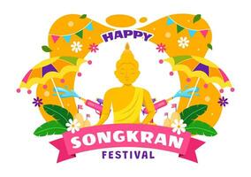 Happy Songkran Festival Day Vector Illustration with Kids Playing Water Gun in Thailand Celebration in National Holiday Flat Cartoon Background