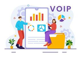 VOIP or Voice Over Internet Protocol Vector Illustration with Telephony Scheme Technology and Network Phone Call Software in Flat Background