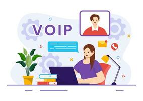 VOIP or Voice Over Internet Protocol Vector Illustration with Telephony Scheme Technology and Network Phone Call Software in Flat Background