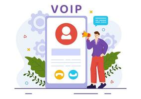 VOIP or Voice Over Internet Protocol Vector Illustration with Telephony Scheme Technology and Network Phone Call Software in Flat Background