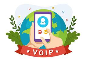 VOIP or Voice Over Internet Protocol Vector Illustration with Telephony Scheme Technology and Network Phone Call Software in Flat Background