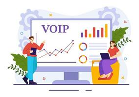 VOIP or Voice Over Internet Protocol Vector Illustration with Telephony Scheme Technology and Network Phone Call Software in Flat Background