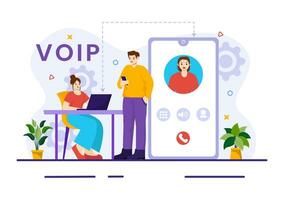 VOIP or Voice Over Internet Protocol Vector Illustration with Telephony Scheme Technology and Network Phone Call Software in Flat Background