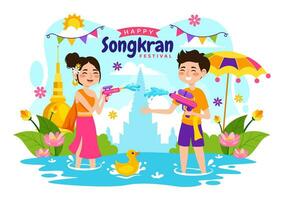 contento Songkran festival día vector ilustración con niños jugando agua pistola en Tailandia celebracion en nacional fiesta plano dibujos animados antecedentes