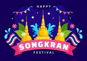 contento Songkran festival día vector ilustración con niños jugando agua pistola en Tailandia celebracion en nacional fiesta plano dibujos animados antecedentes