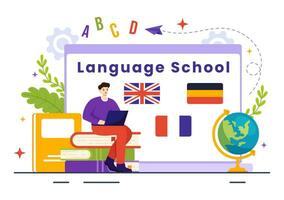 idioma colegio vector ilustración de en línea aprendiendo, cursos, formación programa y estudiar exterior Hola idiomas extranjero en plano antecedentes