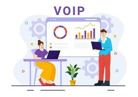 VOIP or Voice Over Internet Protocol Vector Illustration with Telephony Scheme Technology and Network Phone Call Software in Flat Background