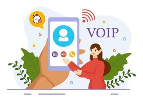 VOIP or Voice Over Internet Protocol Vector Illustration with Telephony Scheme Technology and Network Phone Call Software in Flat Background