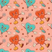 Seamless pattern for Valentines Day. Characters in old retro cartoon style. Dancing funky-groovy cute hearts with flowers, a balloon. For wallpaper, fabric, wrapping, background. vector