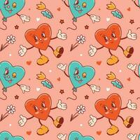 Seamless pattern for Valentines Day. Characters in old retro cartoon style. Dancing funky-groovy cute hearts with flowers, a balloon. For wallpaper, fabric, wrapping, background. vector