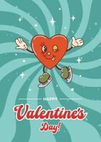 Happy Valentines Day. The heart skates, smiles, and winks. Cute holiday character in old retro cartoon style. Vintage holiday illustration in groove style. For sticker, poster, design elements. vector