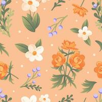 Seamless pattern of delicate spring wildflowers. Trollius, immortelle, chamomile. In cartoon style. Trendy color Peach Fuzz. For wallpaper, fabric, wrapping, background vector