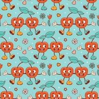 Seamless pattern for Valentines Day. Characters in old retro cartoon style. Dancing funky-groovy cute lovers cherries with flowers. For wallpaper, fabric, wrapping, background. vector