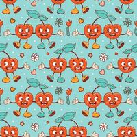 Seamless pattern for Valentines Day. Characters in old retro cartoon style. Dancing funky-groovy cute lovers cherries with flowers. For wallpaper, fabric, wrapping, background. vector