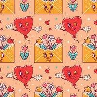 Seamless pattern for Valentines Day. Characters in old retro cartoon style. Dancing funky-groovy cute balloons in the form of hearts with flowers, congratulatory envelopes. Peach Fuzz vector