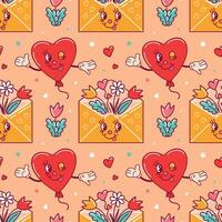 sin costura modelo para san valentin día. caracteres en antiguo retro dibujos animados estilo. bailando funky-groovy linda globos en el formar de corazones con flores, congratulatorio sobres melocotón pelusa vector