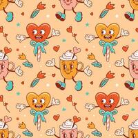 Seamless pattern for Valentines Day. Characters in old retro cartoon style. Dancing funky-groovy cute lollipops in the form of hearts with flowers, a cups. For wallpaper, fabric, wrapping, background. vector