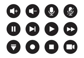 audio, video, música jugador botón icono. sonido control, jugar, pausa botón sólido icono colocar. cámara, medios de comunicación control, micrófono interfaz pictograma. vector