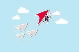 Innovative way to win business competition, think difference or choose our own winning direction, ambition and creativity concept, businessman flying on glider in growth direction to win the challenge vector