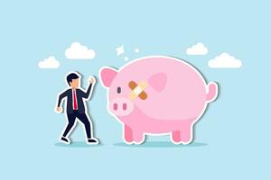 Fix financial problem, investment or saving impacted by crisis or inflation, bankruptcy, deposit or budget concept, poor cracked piggy bank with bandage metaphor of fixing problem. vector