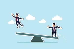 Manager support, effort to help partner reaching goal, assistance to get solution, teamwork or collaboration for success, businessman manager jump on seesaw help colleague jump high to reach target. vector