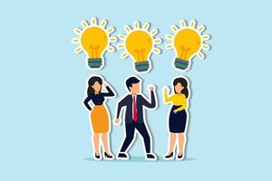 Sharing business ideas, collaboration meeting, sharing knowledge, teamwork or people thinking the same idea concept, smart thinking businessmen people office workers team up share lightbulb lamp idea. vector