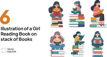 Pack of a girl reading book while sitting on stack of books vector