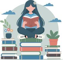 A girl reading a book while sitting on the stack of books vector