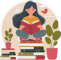 A girl reading a book while sitting on the stack of books vector